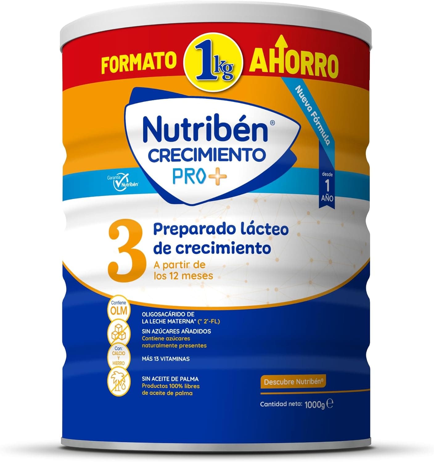 Nutribén Crescimento Pro 3 - leite em pó bebé forma de poupança | leite de fórmula a partir dos 12 meses, sem óleo de palma, com cálcio doseador incluído, com 13 vitaminas, 1 frasco de 1 kg