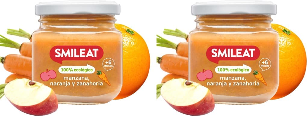 Smileat - Tarrinho de frutas ecológicas com maçã, laranja e cenoura para crianças + 6 meses - sem açúcar adicionado, sem sal, sem leite, sem ovos - 130 g x 2