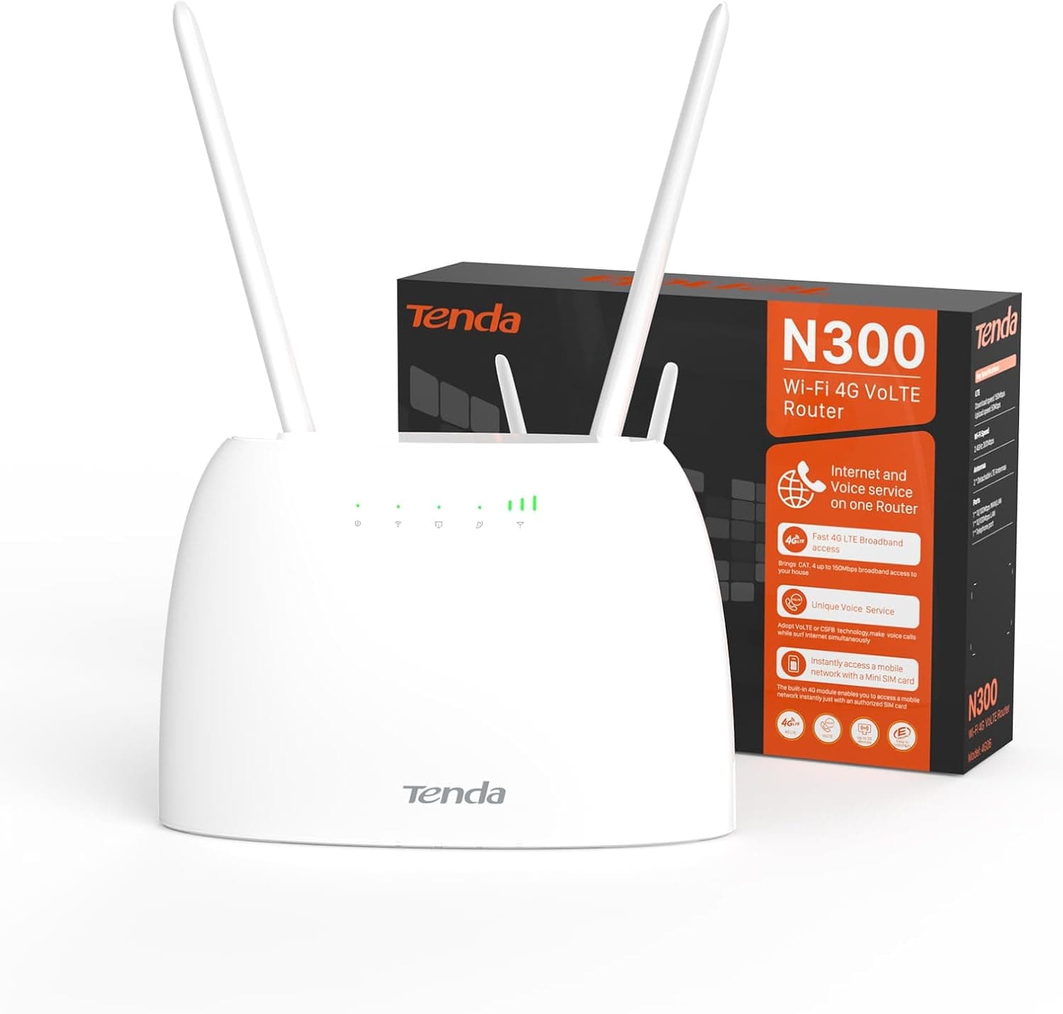 Tenda 4G06 - Router 4G Volte, Router Wi-Fi SIM com serviço de voz, CAT4, 2,4 GHz Wi-Fi 300 Mbps, porta RJ11/LAN/WAN, antena removível, liga até 32 dispositivos, sem configuração
