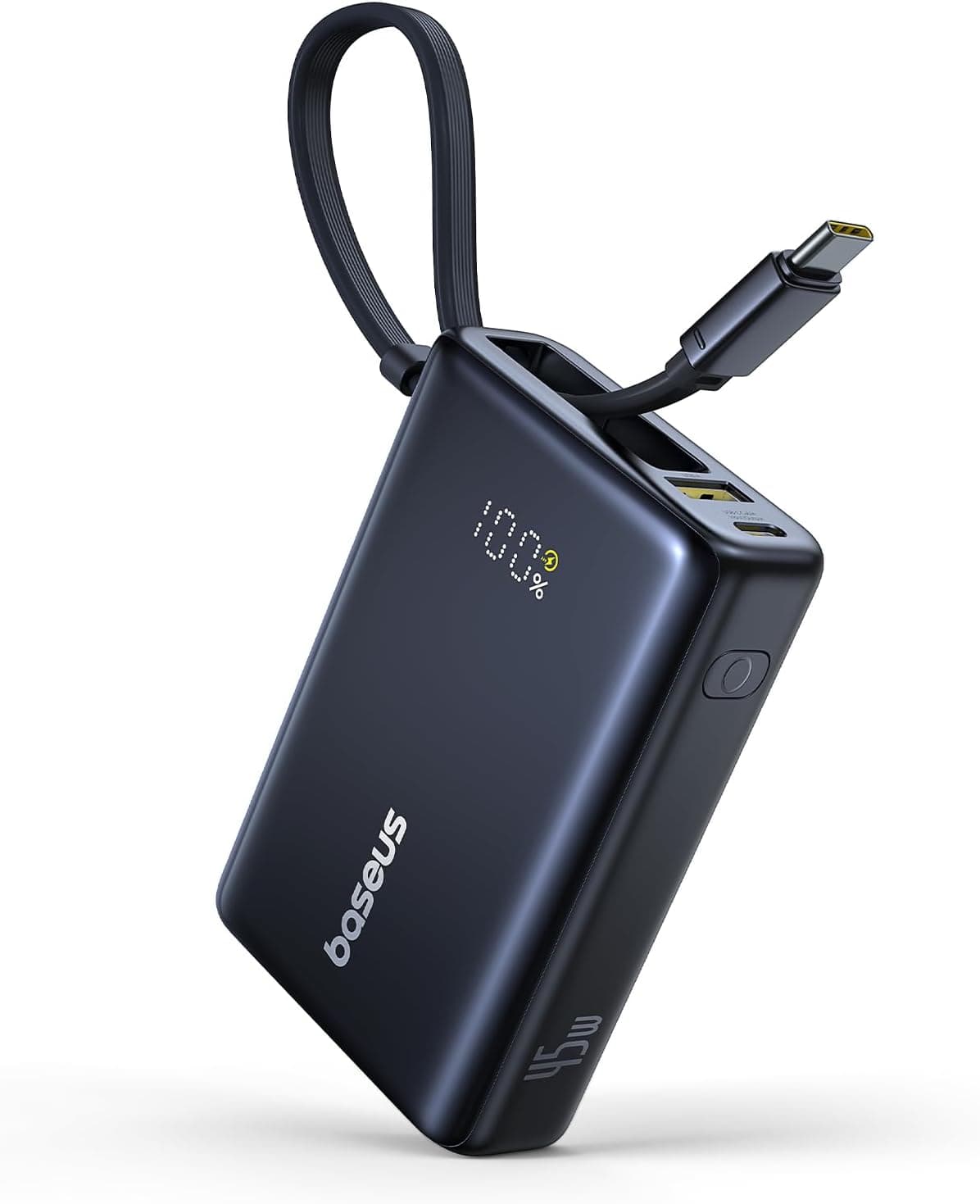 Baseus Picogo Power Bank 10000 mAh 45W com cabo USB-C integrado, PD 3.0 QC 4+ bateria externa de 45 W, 2 USB-C e 1 USB-A, Powerbank para iPhone 16/15/14 séries, MacBook, Galaxy S24 GG