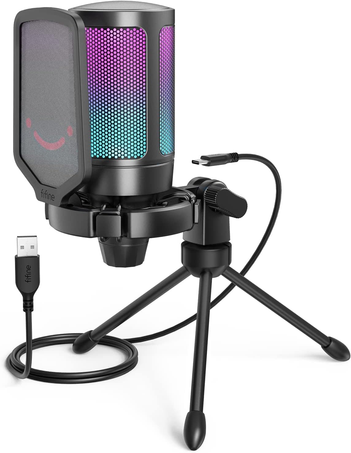 FIFINE Gaming Microfone para PC PS4 PS5, Condensador USB de cardioide para computador Podcast Streaming Studio, com RGB, botão de silêncio, tripé, filtro anti-pop, suporte de choque