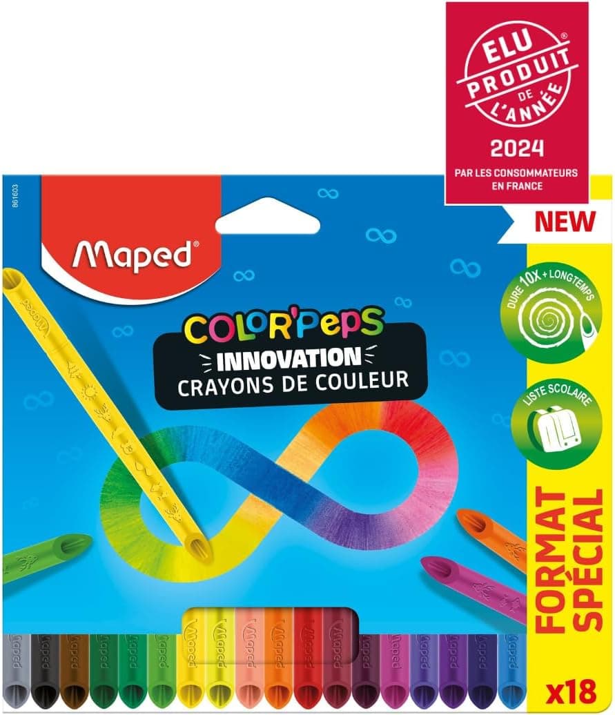 Maped Color'Peps Infinity - Lápis coloridos (100% mina, 100% utilizável, sem resíduos, sem tamanho, dura muito tempo, forma triangular ergonómica, capa de 18 lápis 