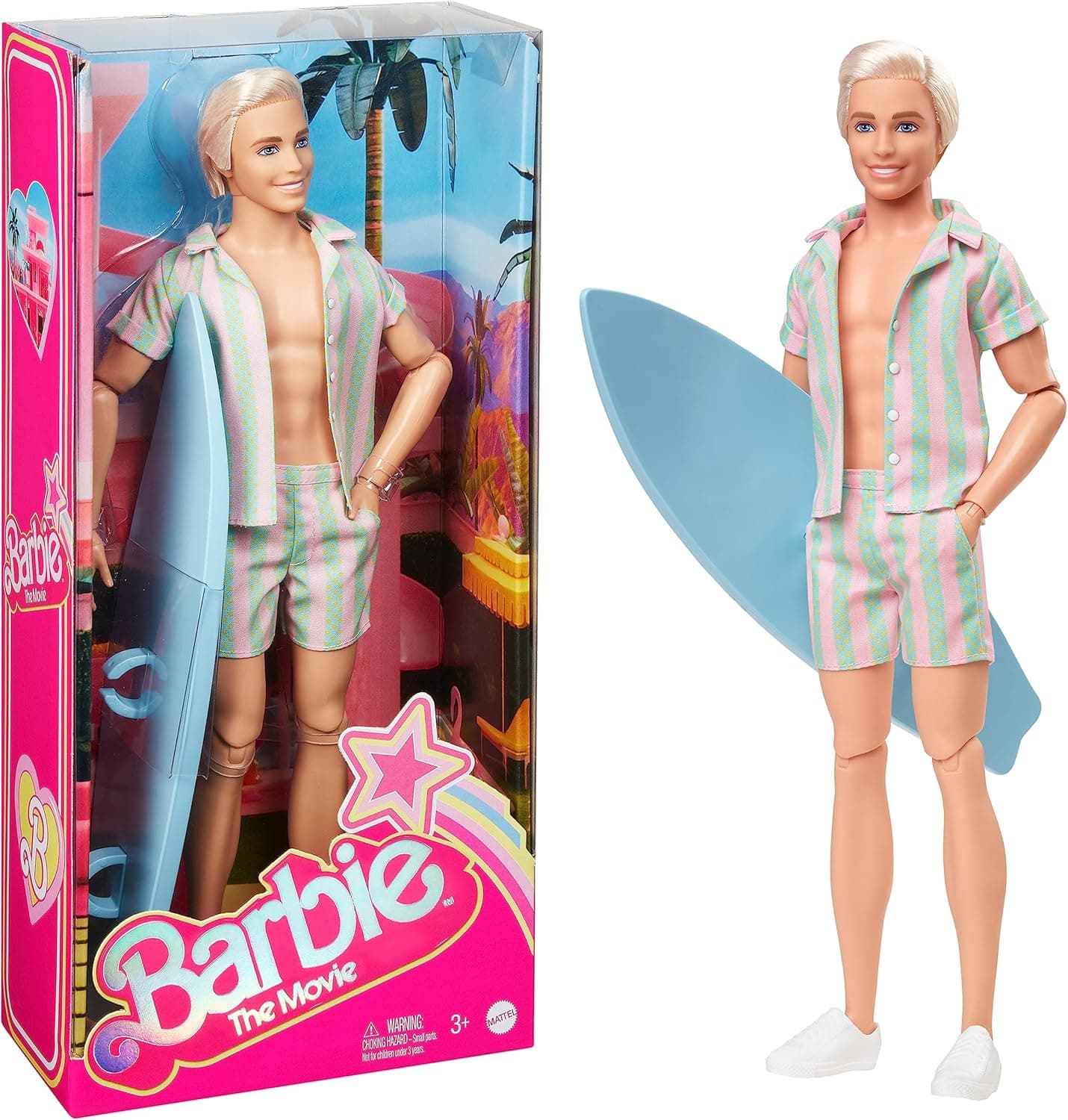 Barbie The Movie - Ken Boneco Signature colecionável de filme com colete às riscas e prancha de surf, brinquedo colecionável, presente 3 anos (Mattel HPJ97)