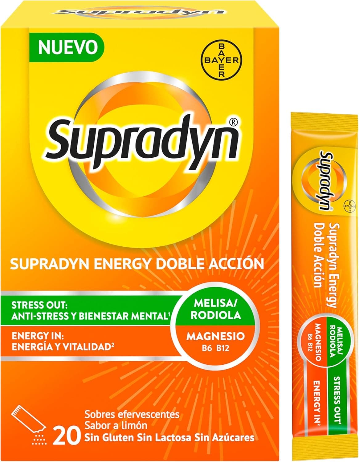 Supradyn Energy Double Action Stress Out | Multivitamínico em saquetas com magnésio, vitaminas B6 B12 ácido fólico e extratos naturais, 20 unidades sabor limão