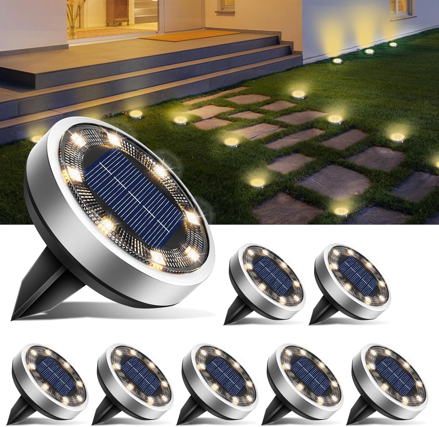 btfarm 8 Pacotes de luzes solares LED para exteriores, jardim, chão, 8 LED luz solar exterior e jardim, IP65 candeeiros solares impermeáveis chão caminho, relva, pátio, terraço (branco quente)