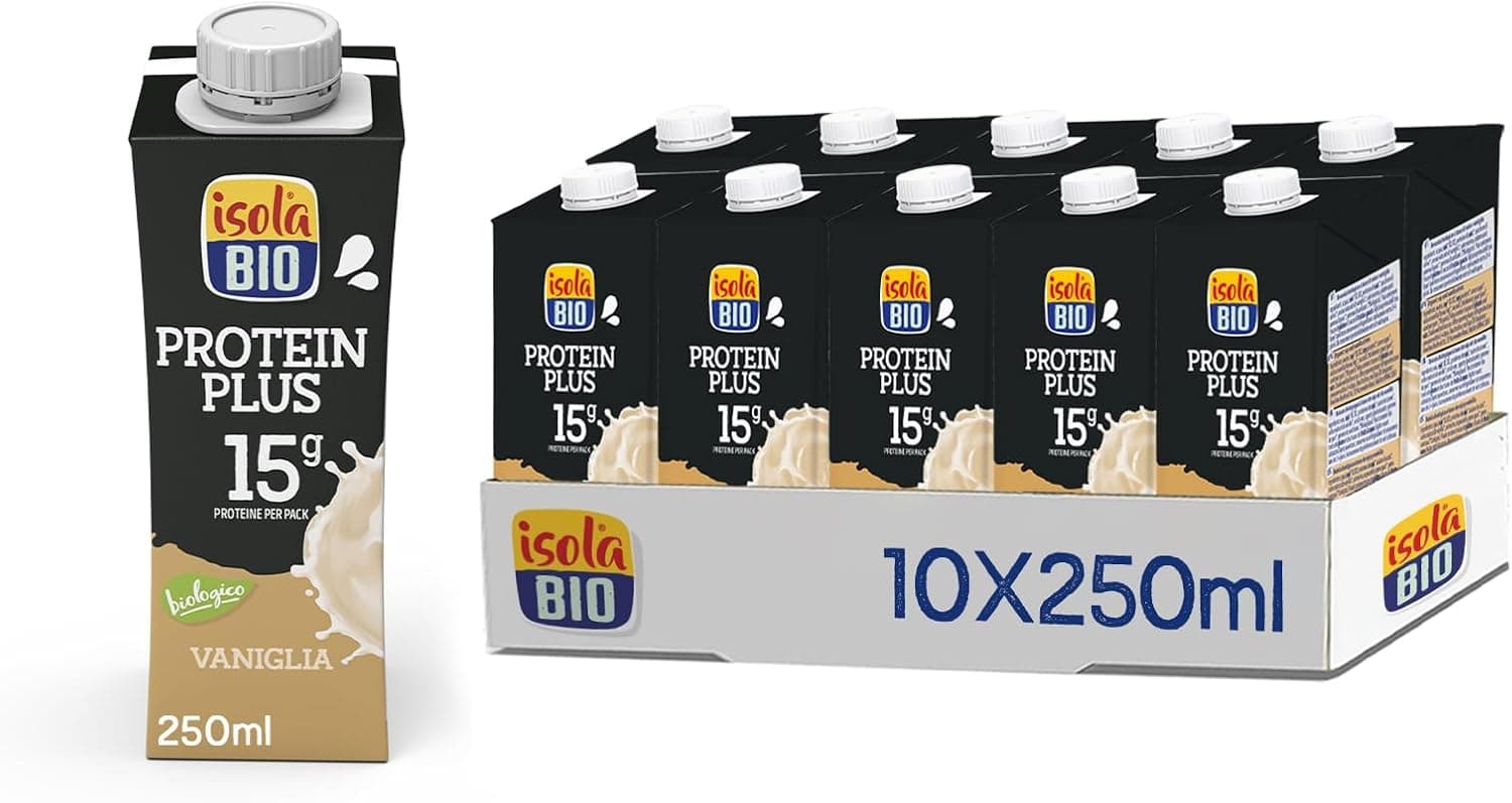 ISOLA BIO - Embalagem de 10 unidades de 250 ml de bebida ecológica vegetal soja com baunilha, 15 g proteína, sem adição de açúcar e sem lactose, vegano, formato para transportar