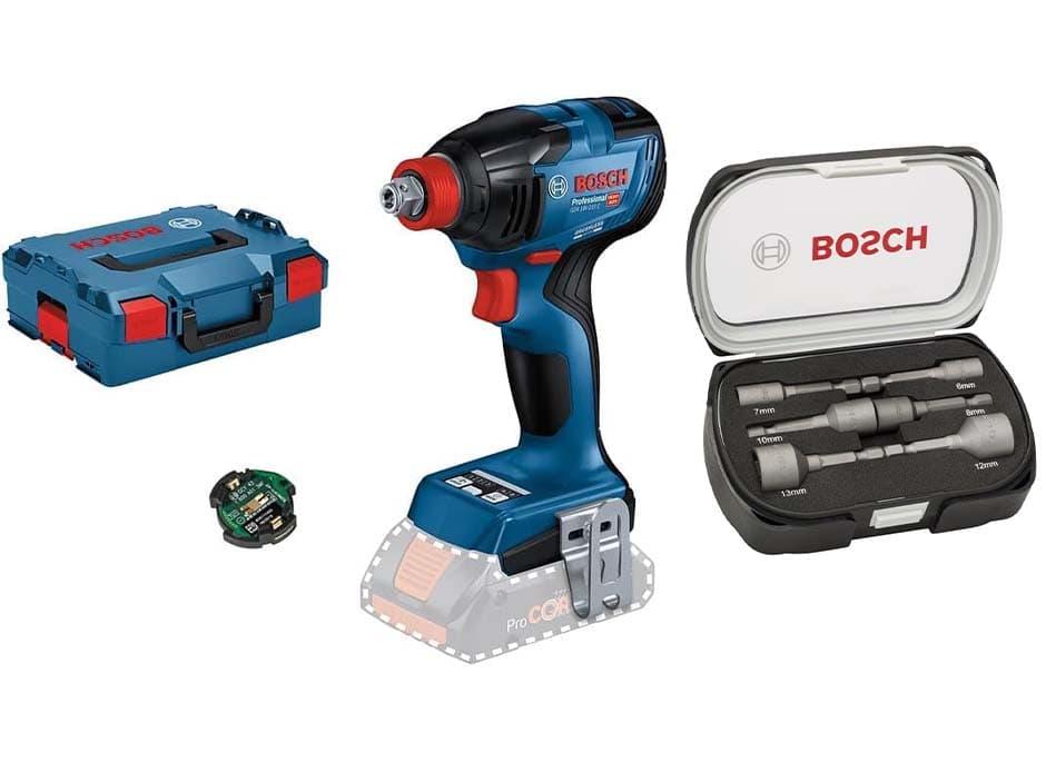 Bosch Professional 18V System GDX 18V-210 C - Chave de impacto com bateria (Brushless, 210 Nm, Connectivity, sem bateria, em L-BOXX) conjunto de 6 chaves de copo - 50 mm; 6, 7, 8, 10, 12, 13 mm