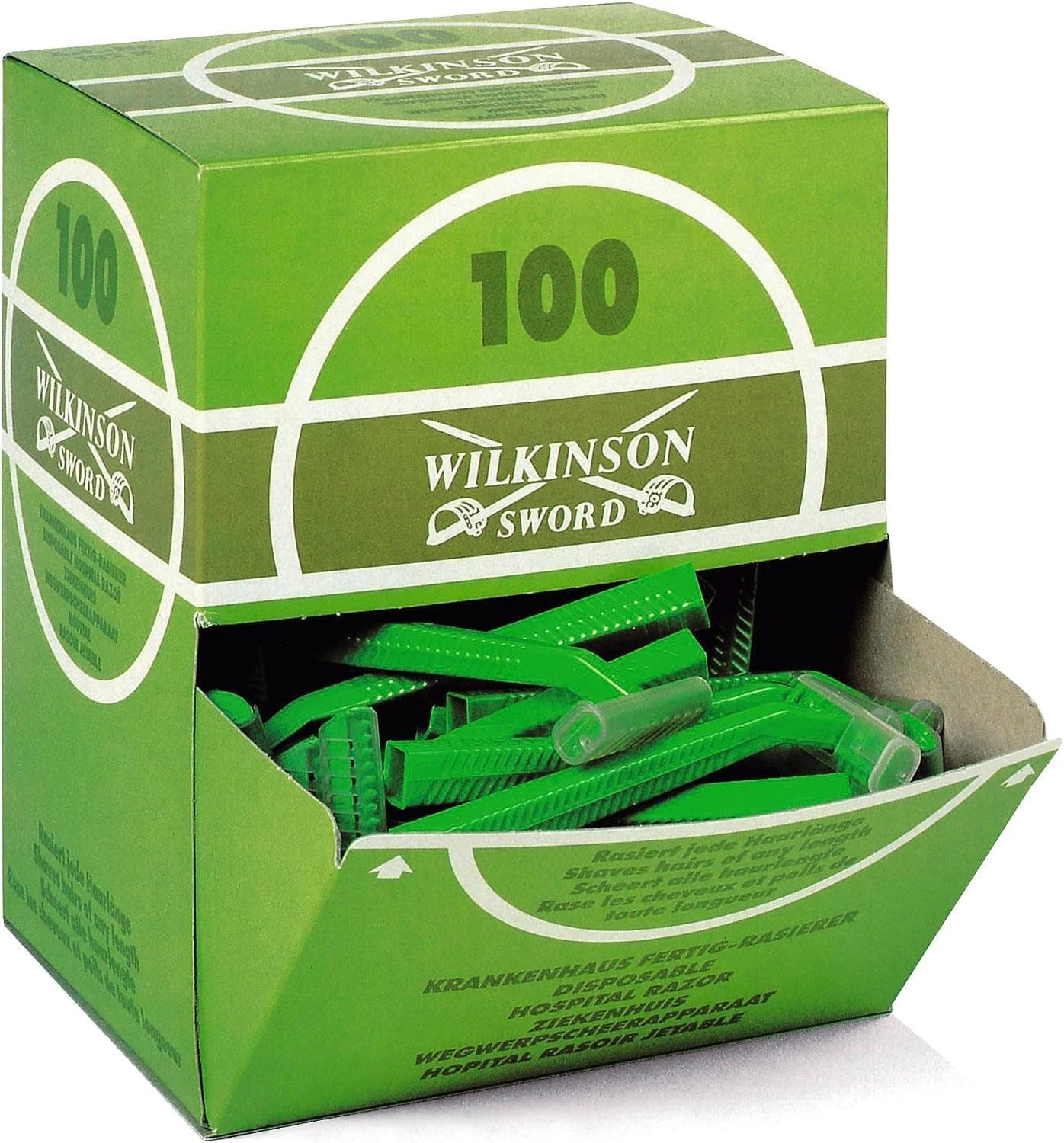 Wilkinson Sword Hospital - Caixa de 100 lâminas de barbear unissexo, verdes, de liga de aço, descartáveis com caixa dispensadora adequada para uso pré-operatório em hospitais e centros de saúde