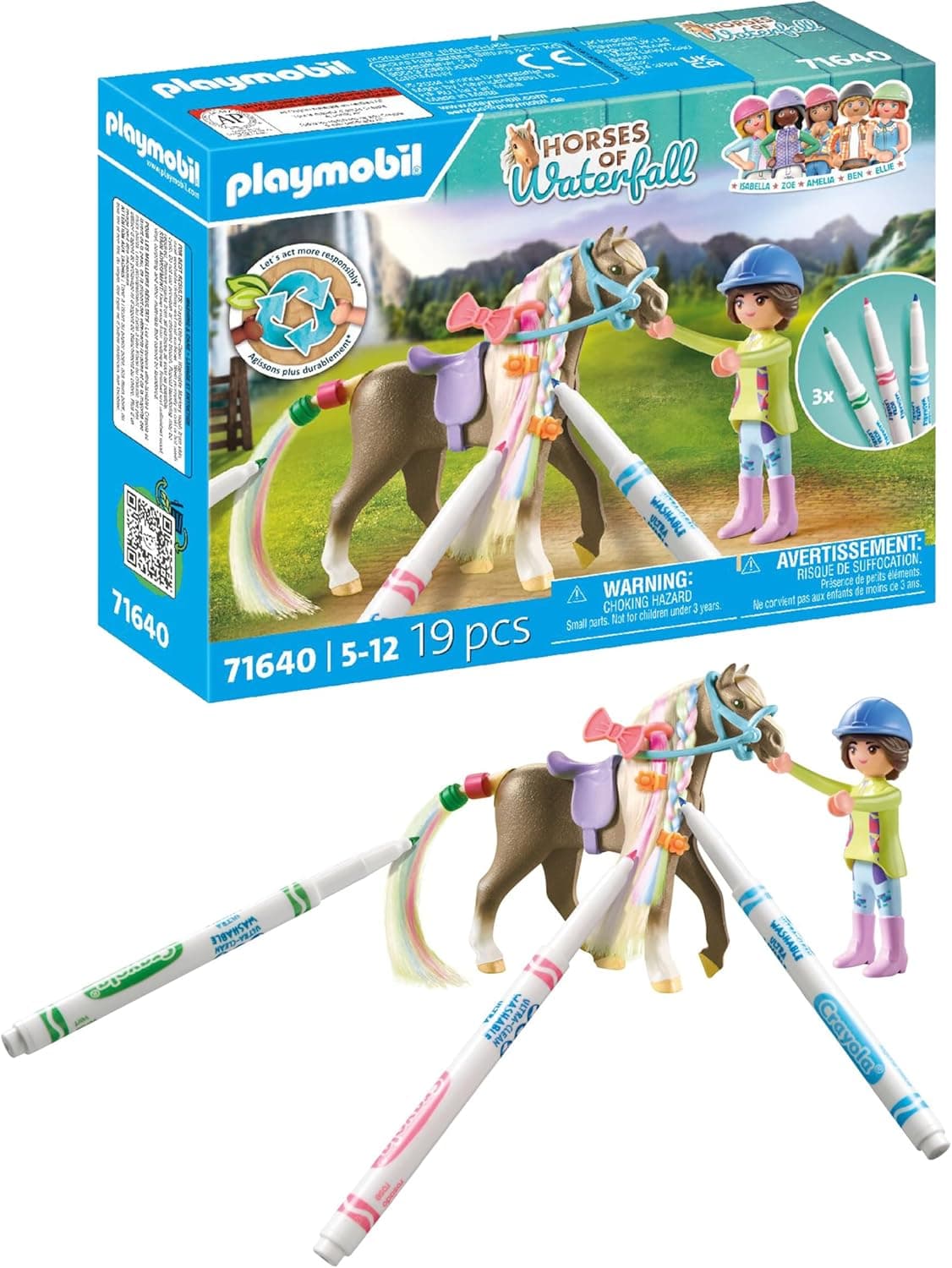 PLAYMOBIL Horses of Waterfall 71640 | Conjunto criativo com cavalo lavável, figura e marcadores para crianças a partir dos 5 anos