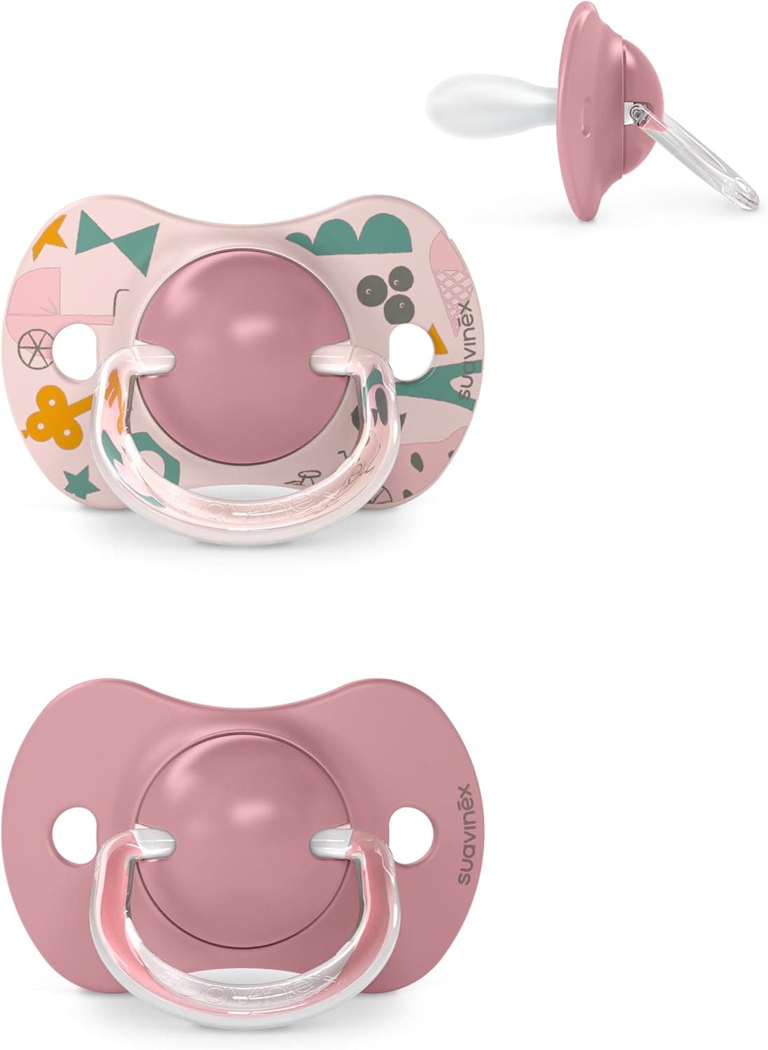 Suavinex, Embalagem de 2 chupetas com cetina física de silicone SX Pro, para bebés + 18 meses, com tetina mais plana e flexível, respeita o desenvolvimento bucodental, Walk rosa