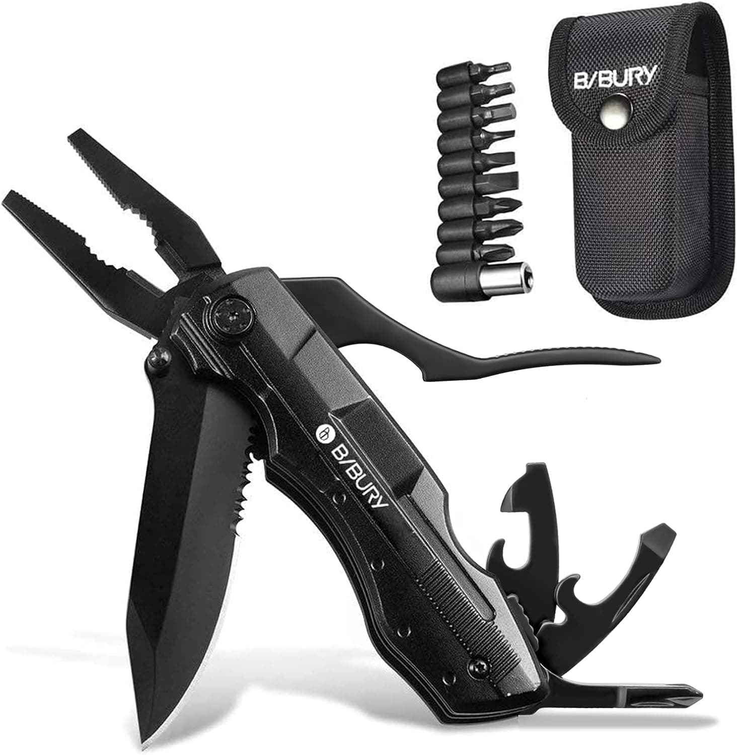 BIBURY Faca multiusos, alicates dobráveis, 5 em 1 faca dobrável sobrevivência, ferramenta multiuso inoxidável, multiferramenta para sobrevivência ao ar livre, acampar e pescaria - preto