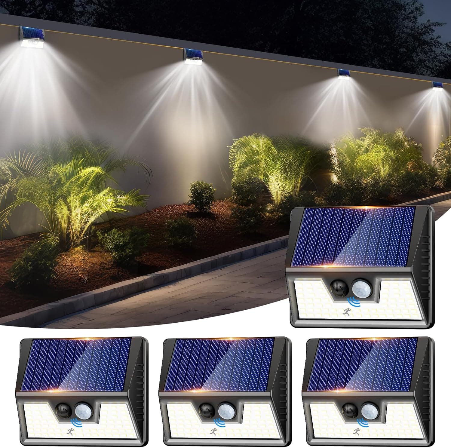 nipify Luz solar para exterior, 4 pacotes/3 modos: holofotes LED solares exteriores com sensor de movimento, luzes solares impermeáveis, candeeiros exteriores para jardim, garagem, pátio, caminhos