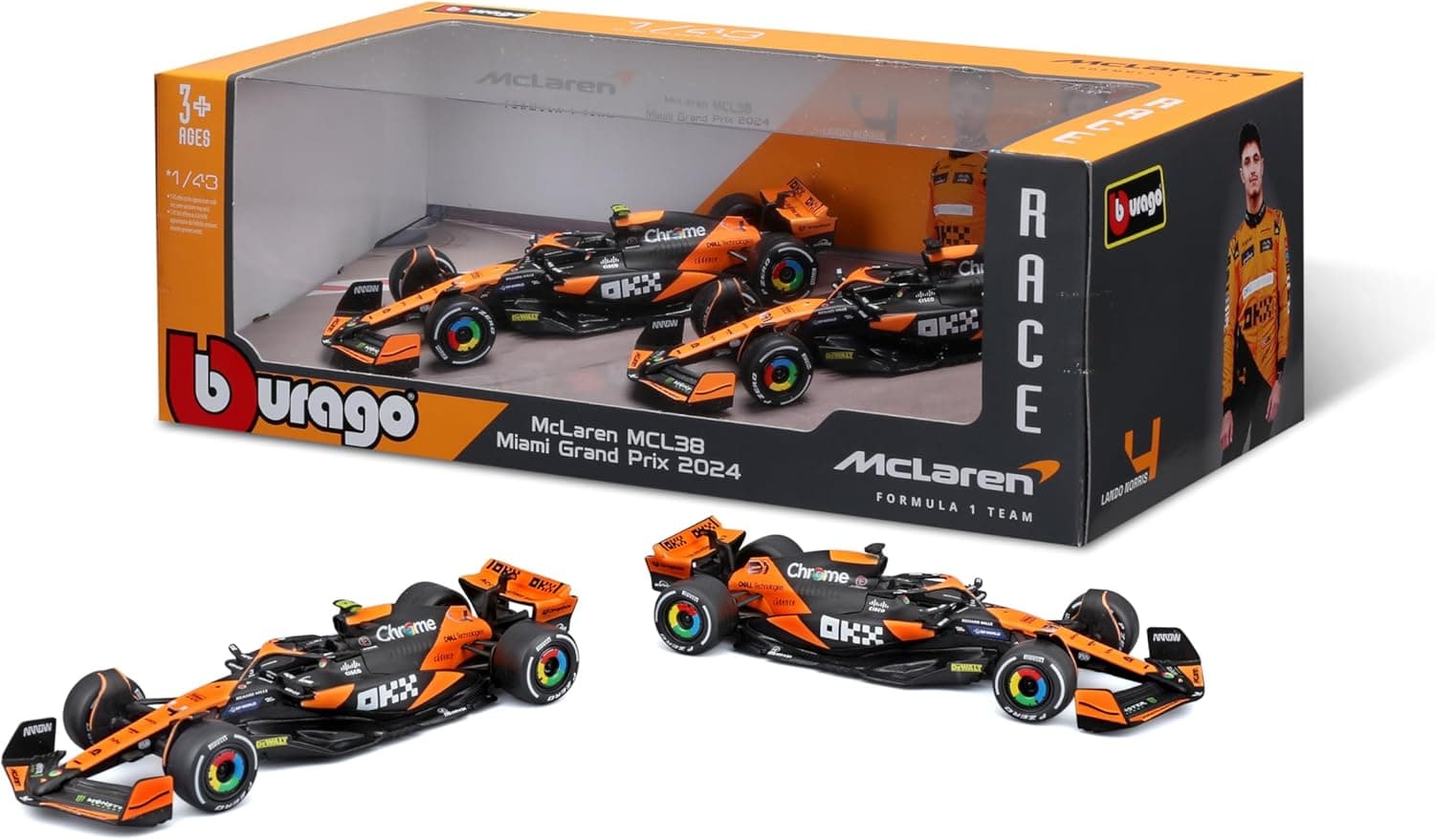 Bburago Fórmula 1 McLaren MCL38 Conjunto de 2 modelos de carro (2024) em escala 1:43, Window Box, 25,4 cm, preto e laranja (18-38202)