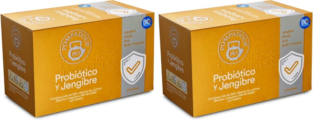 Pompadour | Chá de gengibre com probióticos para apoio da flora intestinal, 15 saquetas x 2
