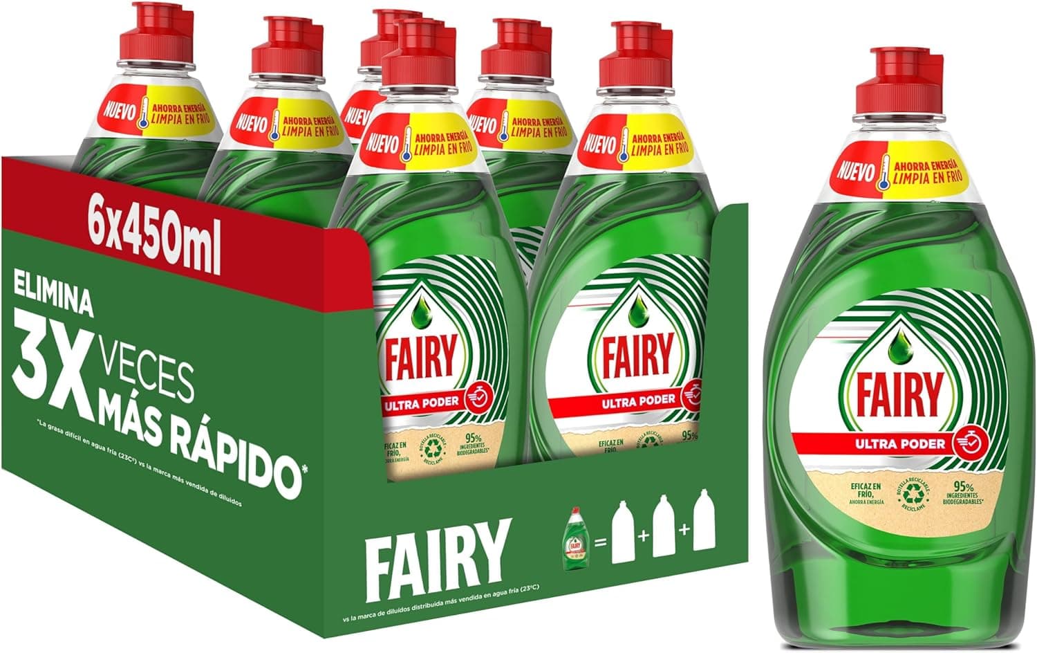 Fairy Ultra Poder original líquido máquina de lavar louça, 6 x 450 ml, fórmula eficaz que deixa pratos brilhantes, poder anti-gordura
