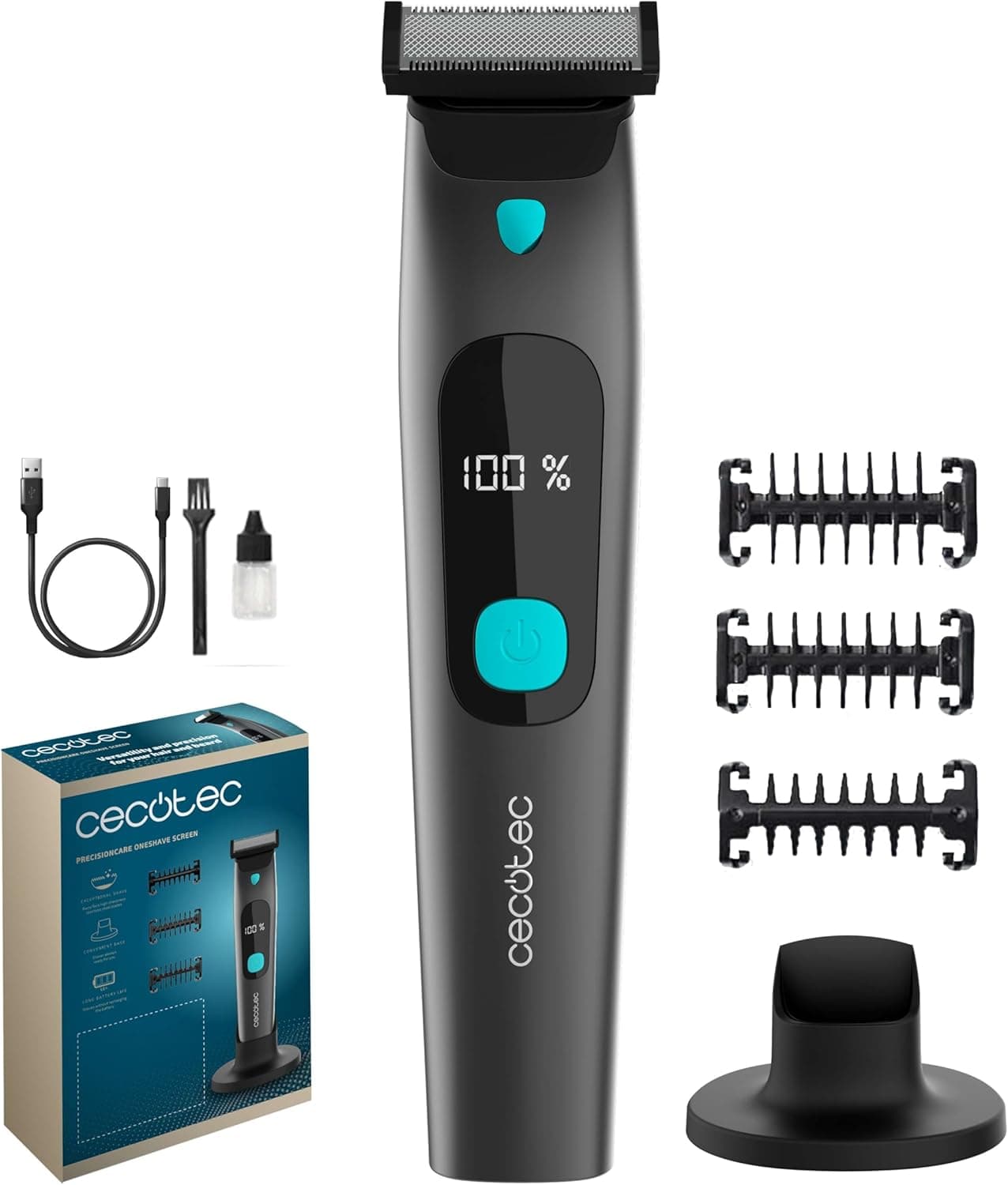 Cecotec Máquina de barbear facial PrecisionCare OneShave Screen. Lâminas de aço inoxidável, 3 pentes (1/3/5 mm), base de armazenamento, autonomia de 1,5 h, resistência IPX7, ecrã inteligente