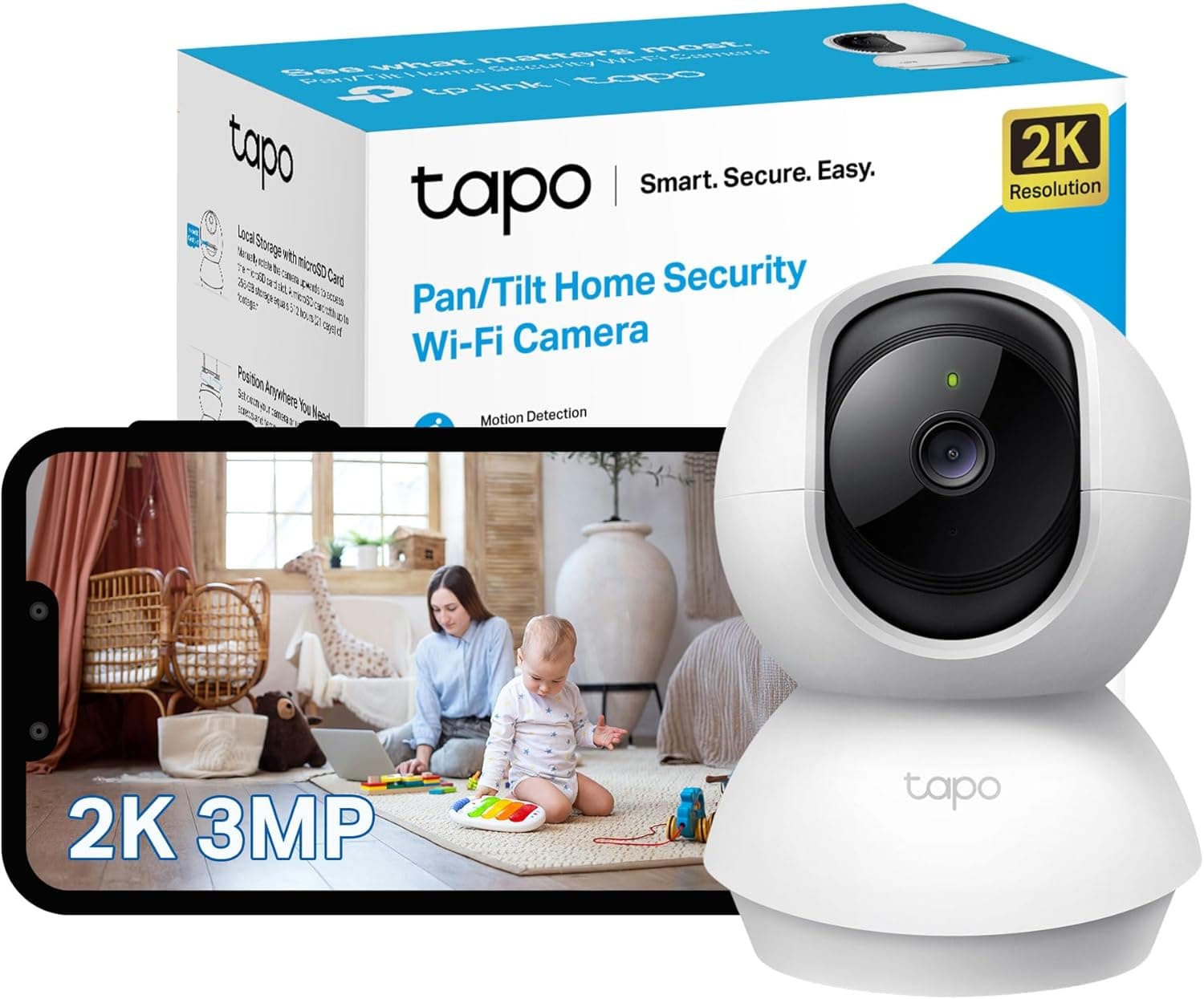 TP-Link Tapo 2K Pan Tilt Security Camera, monitor de bebé, câmara de cão/movimento, áudio 2-Way, 3MP, visão noturna, nuvem e SD Card Storage, trabalho com Alexa & Google Home, sem hub Equipado (Tapa)