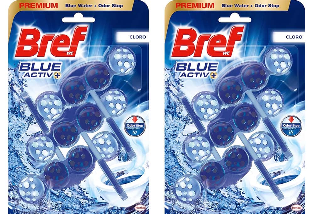 Bref Blue Activ Cloro cesta WC (3 unidades), limpa casa de banho para um WC sempre limpo e fresco, limpeza de casa de banho com fórmula anticalcário que elimina a sujidade. 2 embalagens