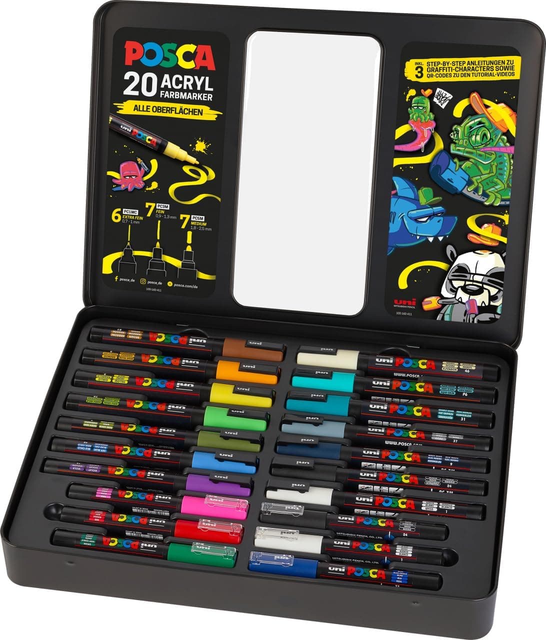 Faber-Castell uni-ball 186830 Conjunto de marcadores POSCA, estojo de 20, incl. Instruções para 3 personagens de graffiti