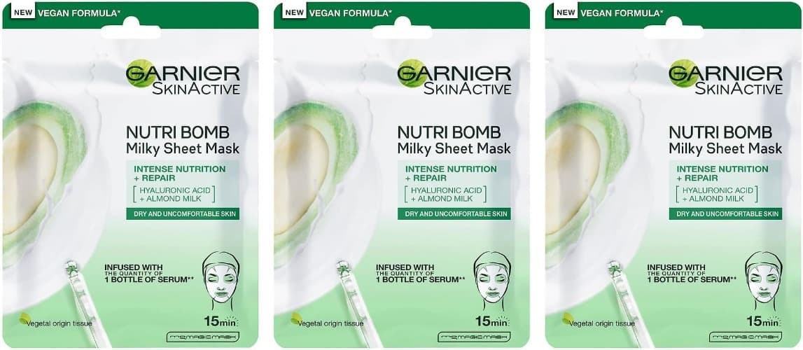 Garnier Skin Active Nutri Bomb | Máscara de tecido nutritiva com leite de amêndoas e ácido hialurónico para pele seca, 28 g x 3