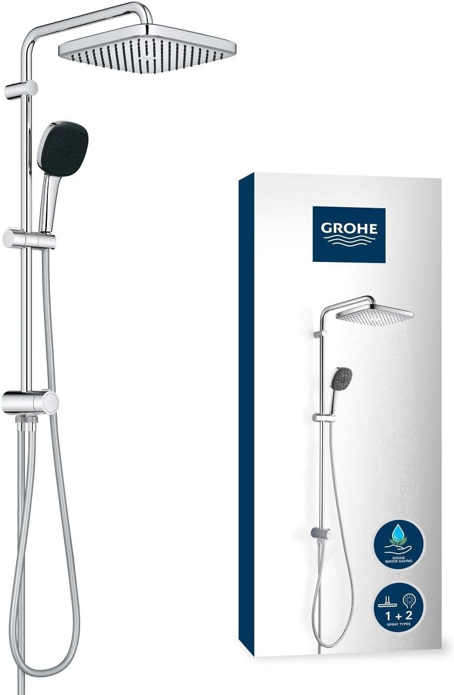 Grohe Sistema de chuveiro Vitalio Comfort 250 Flex com desviador, economia de água, 2 tipos de jato, instalação flexível, durável, quadrado, crómio, 26698001