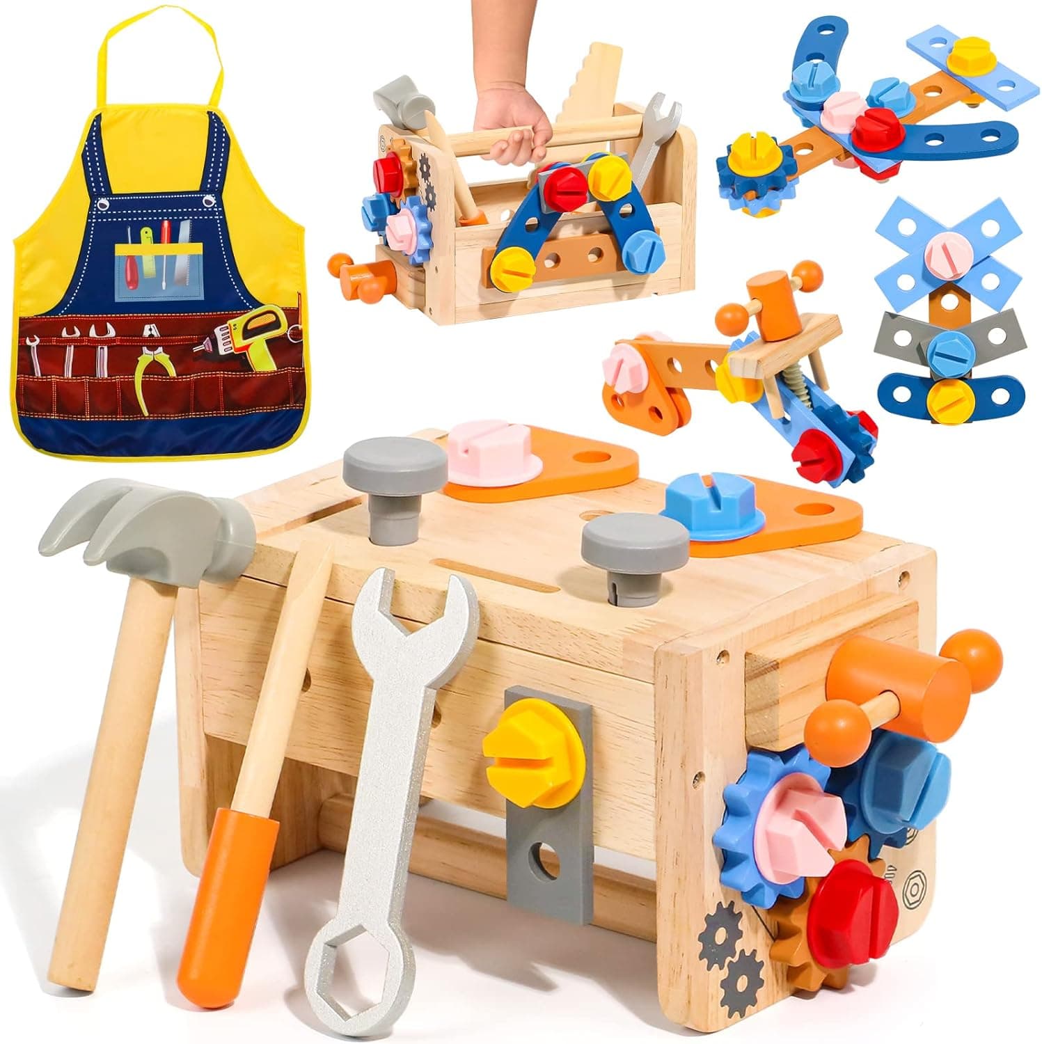 Caixa ferramentas brinquedos caixa artesanato ferramentas bricolage brinquedos crianças 3 4 anos montessori, 39 peças conjuntos de construção de madeira com avental infantil, presentes jogos