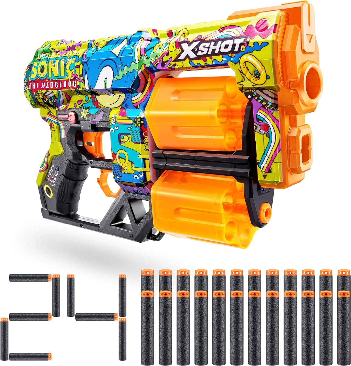 XShot Skins Dread Blaster Sonic Hyper Spike, Sonic The Hedgehog Design com 24 dardos, barras de rotação dupla, ar Pocket Dart Technology