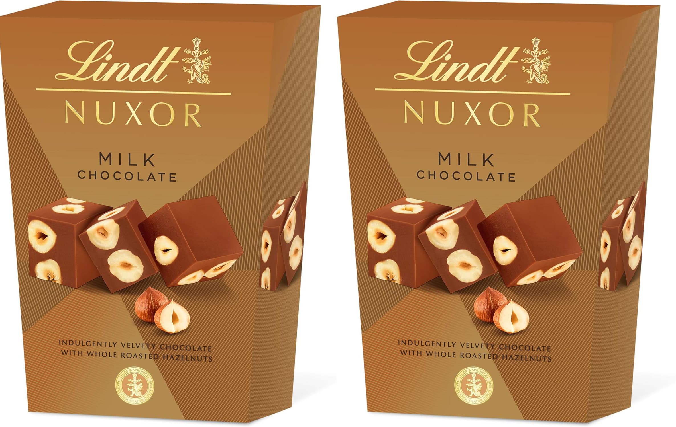 Lindt Nuxor bombons chocolate com leite e avelãs, chocolate Lindt, chocolate com frutos secos, cremoso, crocante, bombons para oferecer, 150 g x 2