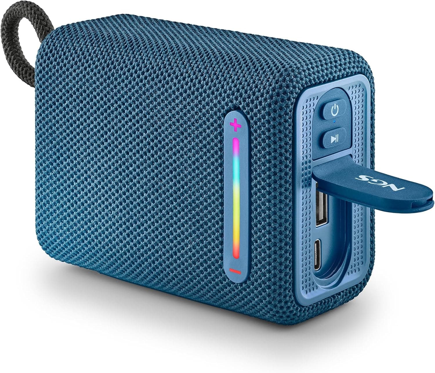NGS Roller Furia 1 Blue - Altifalante portátil compatível com tecnologia Bluetooth, luzes RGB, impermeável IPX6, 15 W, True Wireless, USB, duração da bateria de 9 horas, azul