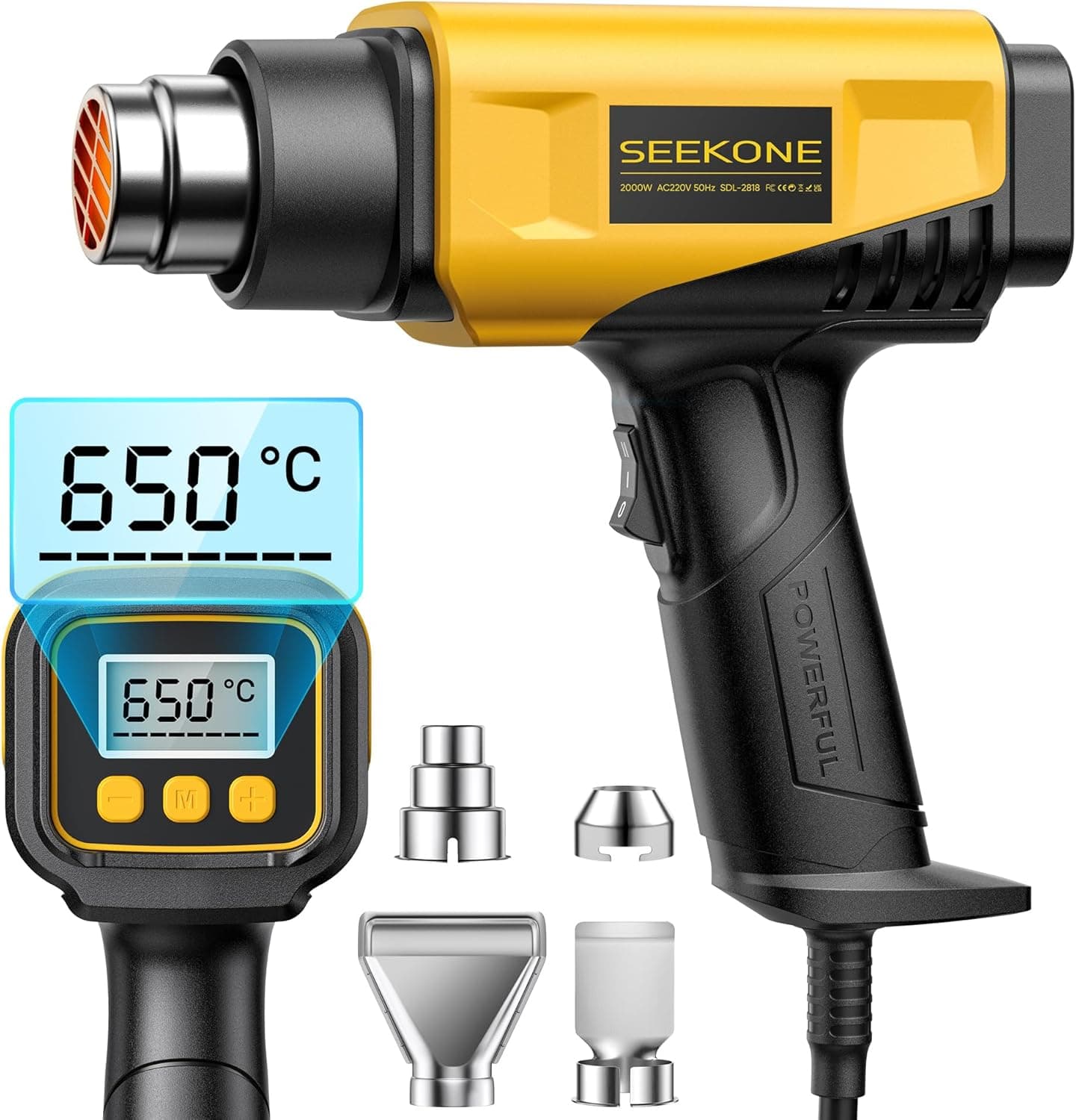 SEEKONE | Pistola de ar quente 2000W com ecrã LCD, temperatura ajustável de 50°C a 650°C e proteção de sobrecarga