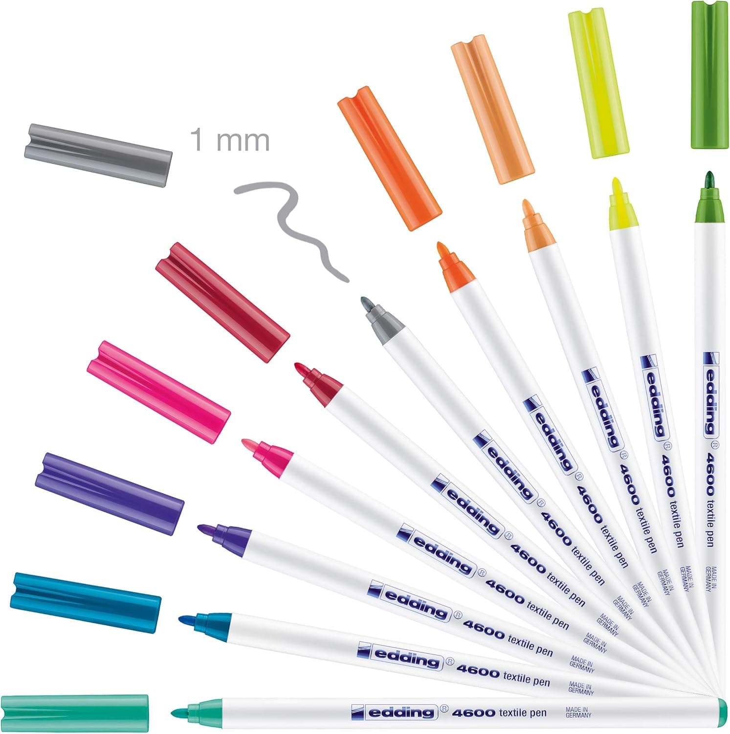 edding 4600 Marcador têxtil - conjunto de 10 cores (divertidos), ponta redonda de 1 mm, marcadores têxteis permanentes para desenhar em tecidos, resistentes a lavagens até 60 °C