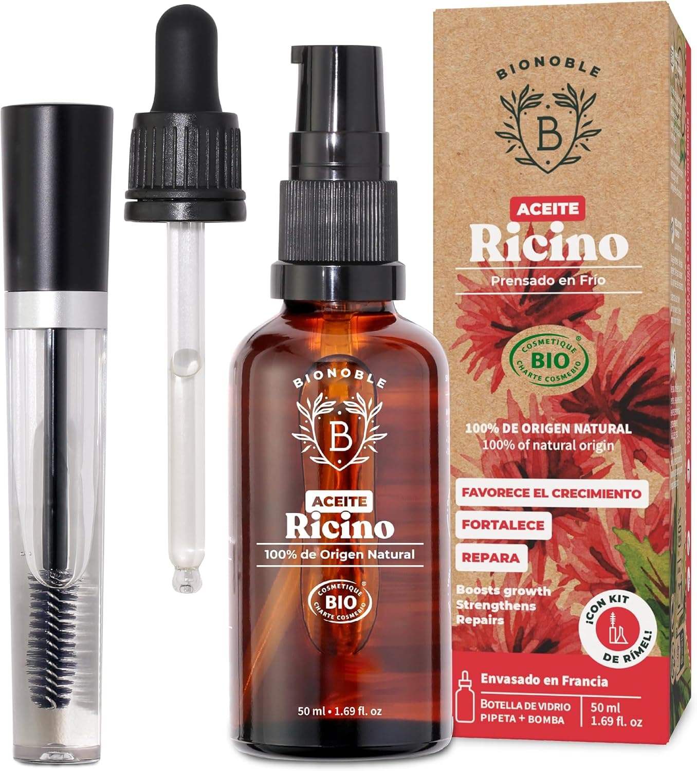 Bionoble Óleo de Rícino Orgânico | 100% puro prensado a frio para pestanas, sobrancelhas, corpo, cabelo, barba e unhas, com pipeta, doseador e escova de pestanas, 50 ml