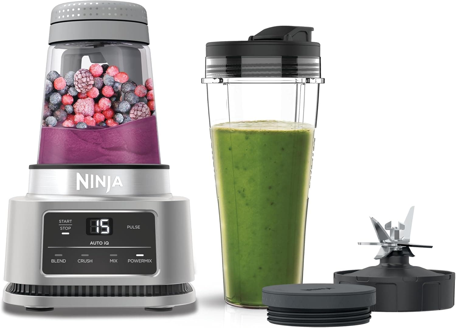 Ninja Foodi Power Nutri Liquidificadora de 2 em 1, 1100 W, 4 programas automáticos, auto-iQ, misturas grossas e bebidas geladas, copo de 700 ml e tigela de 400 ml com Power Paddle, em prateado