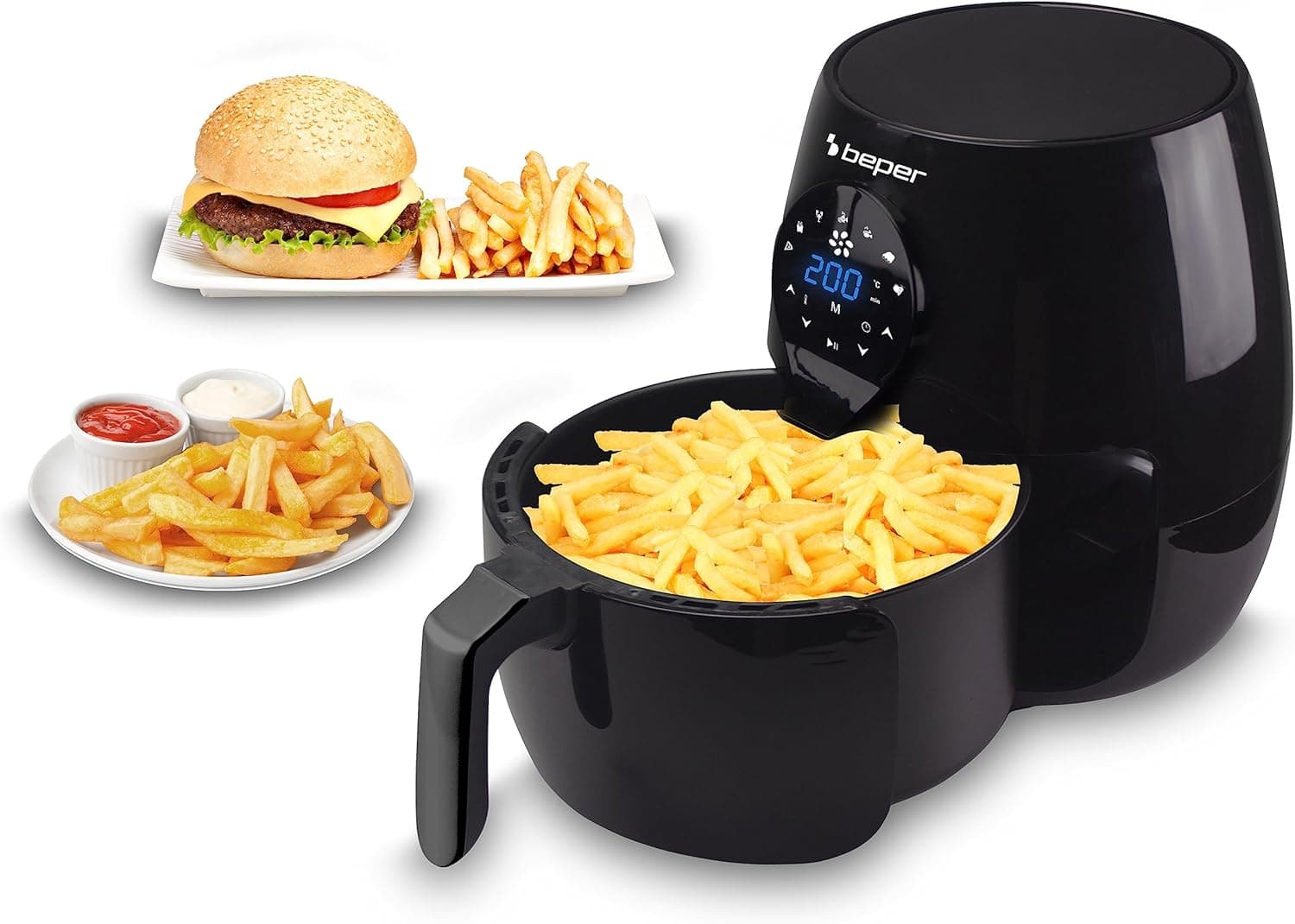 BEPER P101FRI050 Fritadeira de Ar Quente – 5 L, Frita sem Óleo, Painel Tátil, 7 Programas, Temperatura até 200 °C, Temporizador 60 Minutos, Desligamento Automático, Preto