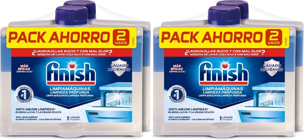 Finish Limpiamáquinas | Líquido para limpeza de máquinas de lavar loiça contra maus odores, calcário e gordura, sem fragrância, 4 x 250 ml