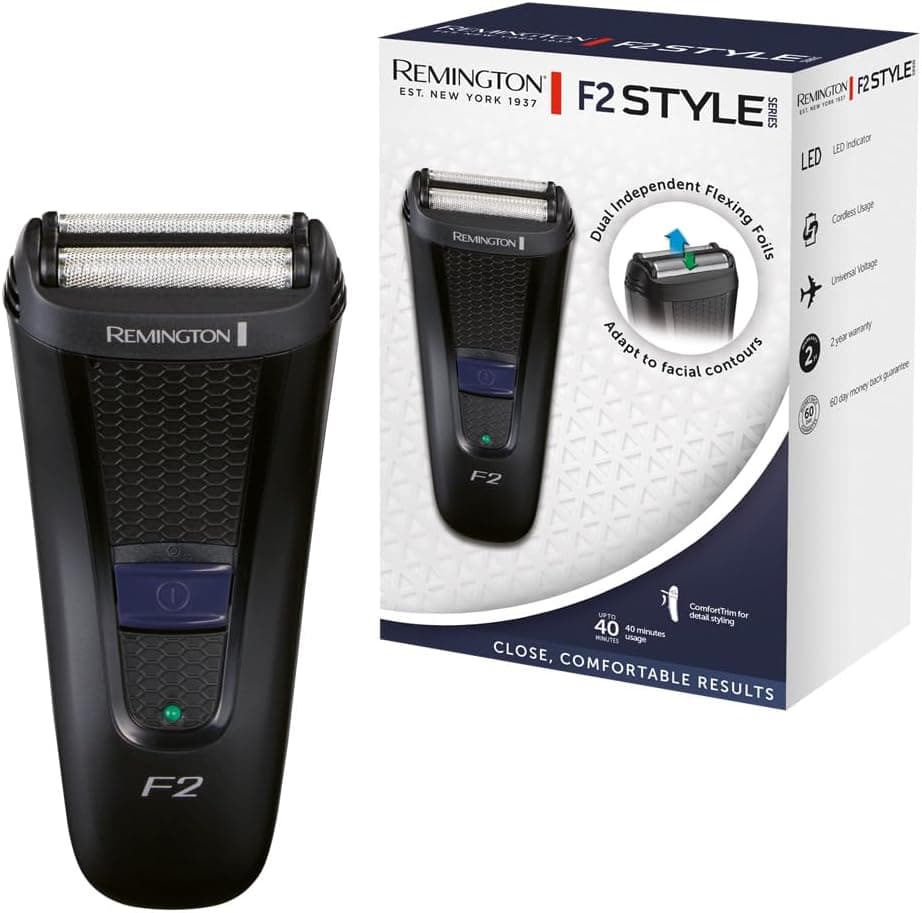 Remington Máquina de barbear de lâminas Style Series F2, máquina de barbear sem fio, recarregável, 40 min de autonomia, lâminas duplas, sapatilhas extensíveis, F2002