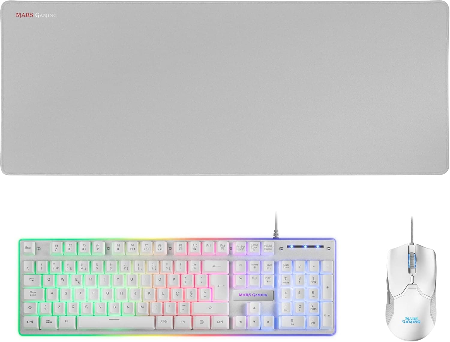 Mars Gaming MCPXWPT, teclado H-Mech FRGB, rato ultraleve 10000DPI e tapete XXL, branco, idioma português