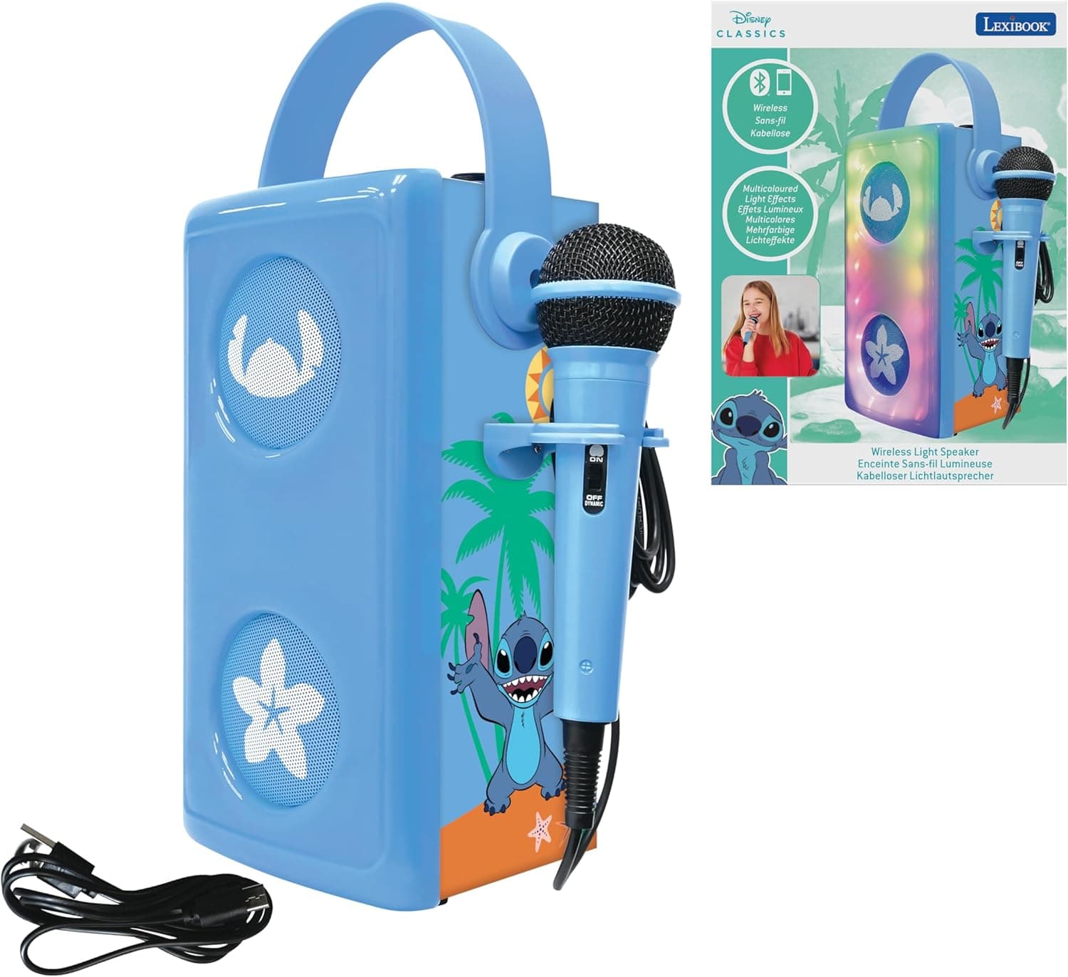 Lexibook, Disney Stitch, Altifalante Bluetooth® sem fios com luz e microfone, efeitos de luz multicoloridos, porta para cartão SD/TF, bateria recarregável, azul, BTP185DZ