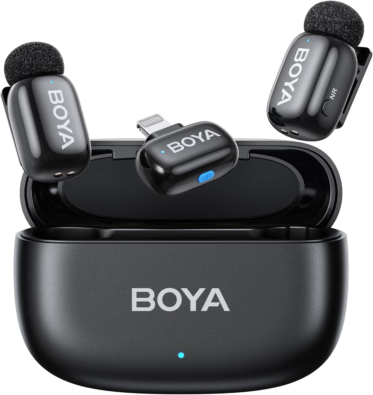 BOYA Mini microfone sem fios (2 TX+1RX) para iPhone, 5 g ultra-luz, microfone de lapela, AI Voice Changer, redução de ruído de 3 níveis, 30 h horas, microfone móvel com conector Lightning