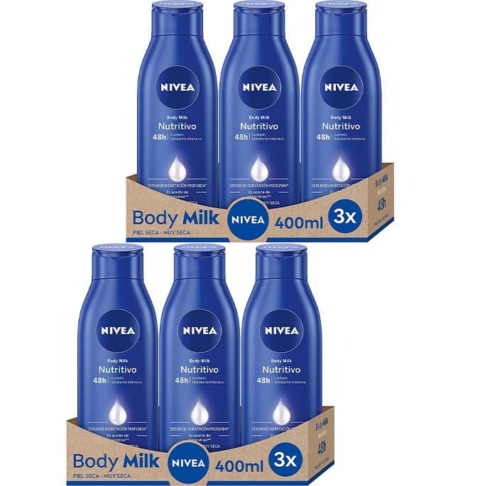 NIVEA Body Milk nutritivo leite corporal hidratação profunda, pele seca e muito seca, pack de 6 x 400 ml