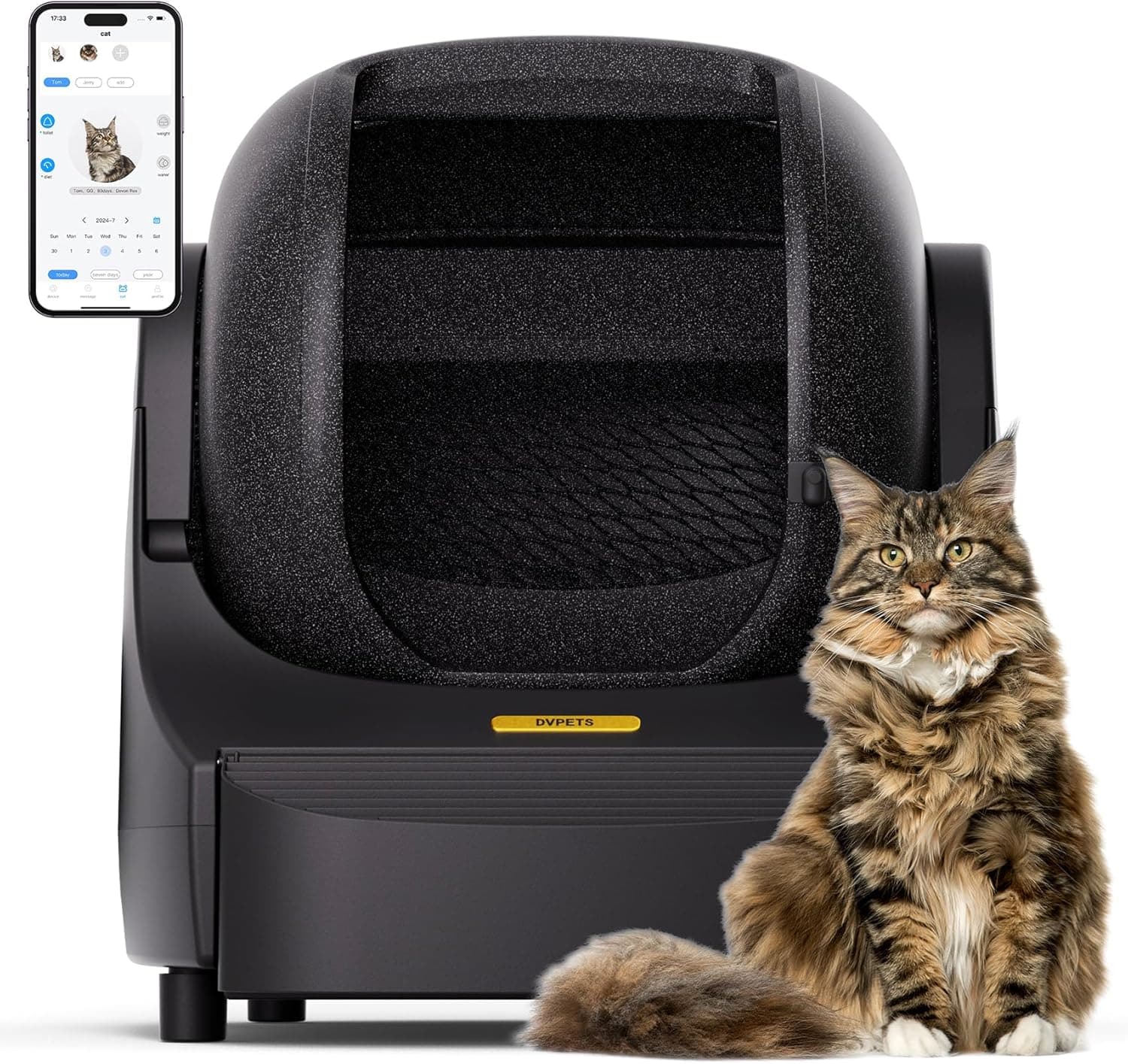 DER VIERBEINER Bandeja de areia automática extra grande de design aberto, 89,5 l, com tapete, proteção de segurança integrada para vários gatos/aplicação de controlo de odores (preto)