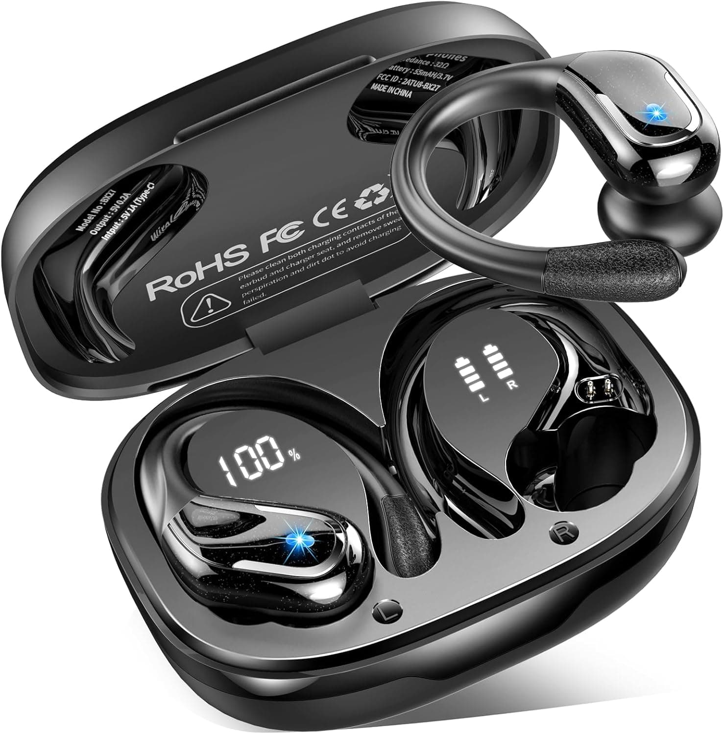 Auriculares sem fios desportivos, novos auriculares Bluetooth 5.4 com HD Mic, 75H capacetes sem fios Bluetooth HiFi estéreo, cancelamento de ruído ENC auriculares Running, IP7 impermeável / ecrã LED