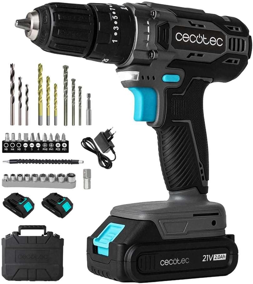 Cecotec Broca de parafuso e parafuso com 2 baterias de 21 V e 2.000 mAh PowerForce 2120 Impact. 1500 rpm, par de aperto de 45 Nm regulável em 25 + 1 níveis, 27000 impactos/min, pasta e acessórios