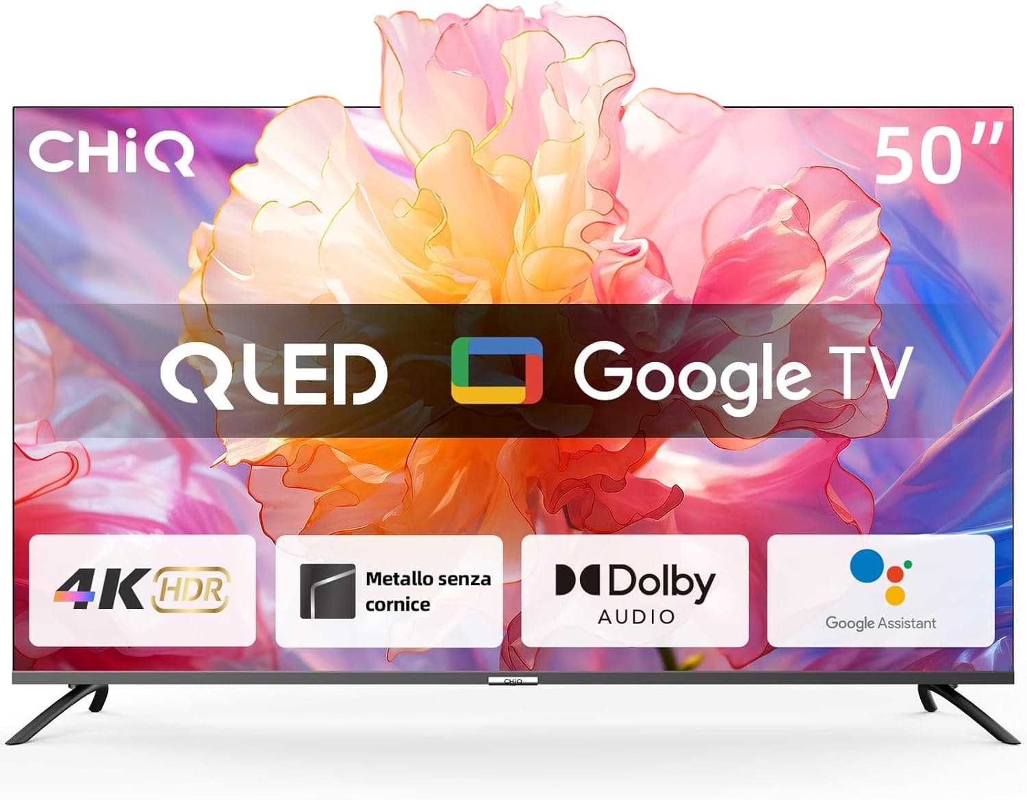 CHiQ Smart Google TV 4K QLED de 50 polegadas, painel UHD com ampla HDR, controlo remoto por voz, Chromecast integrado, áudio Dolby, DBX-TV, Bluetooth 5.0, Wi-Fi, modelo U50QM8E de 2024
