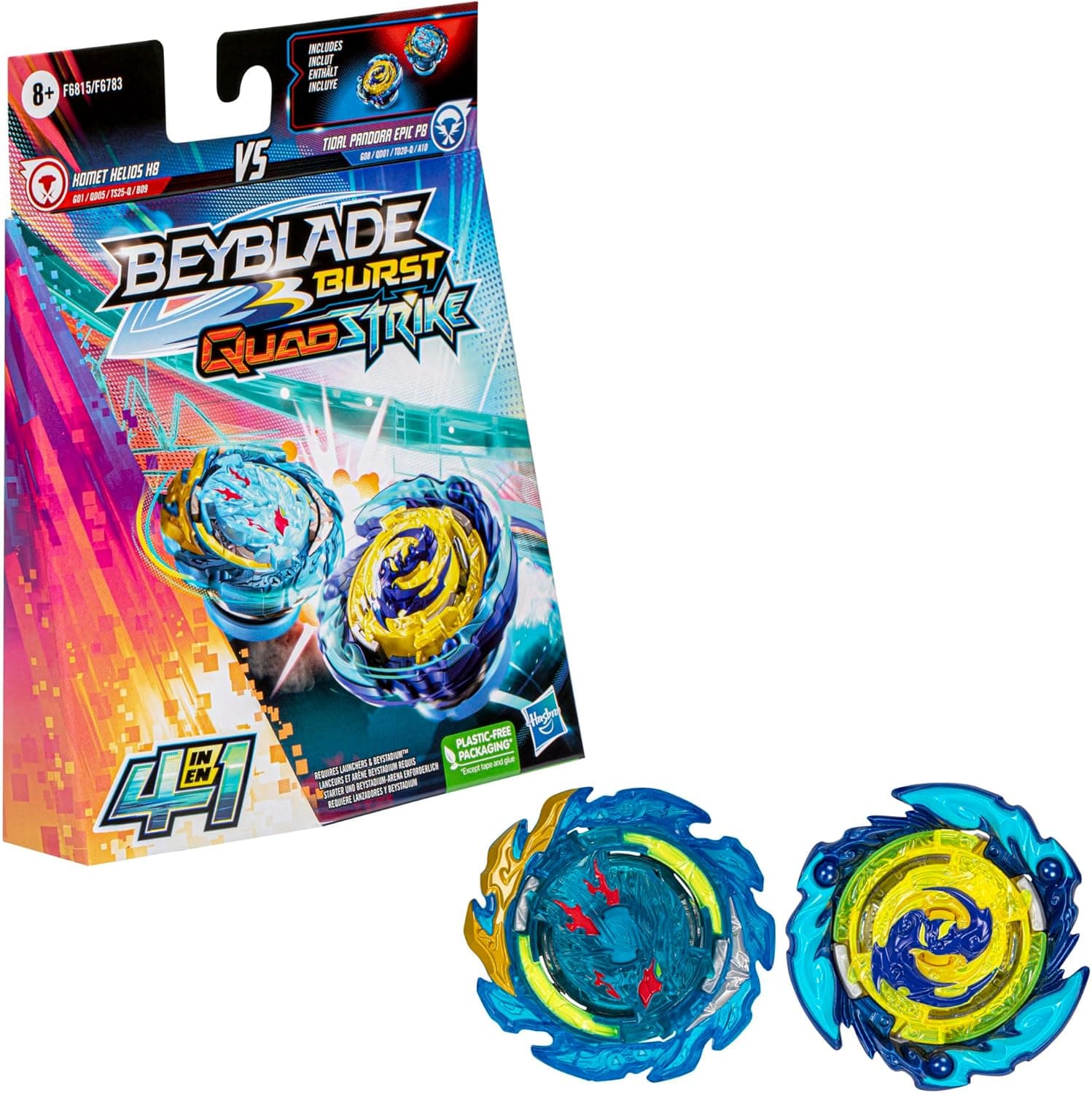 Beyblade Burst QuadStrike Dual Pack, Komet Helios H8 and Tidal Pandora Epic P8 - conjunto de 2 peões competitivas