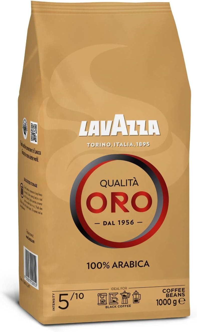 Lavazza, Qualità ouro, café em grão natural, ideal para a máquina de café expresso, com notas aromáticas de frutas e flores, 100% árabe, intensidade 5, torção média, embalagem de 1 kg