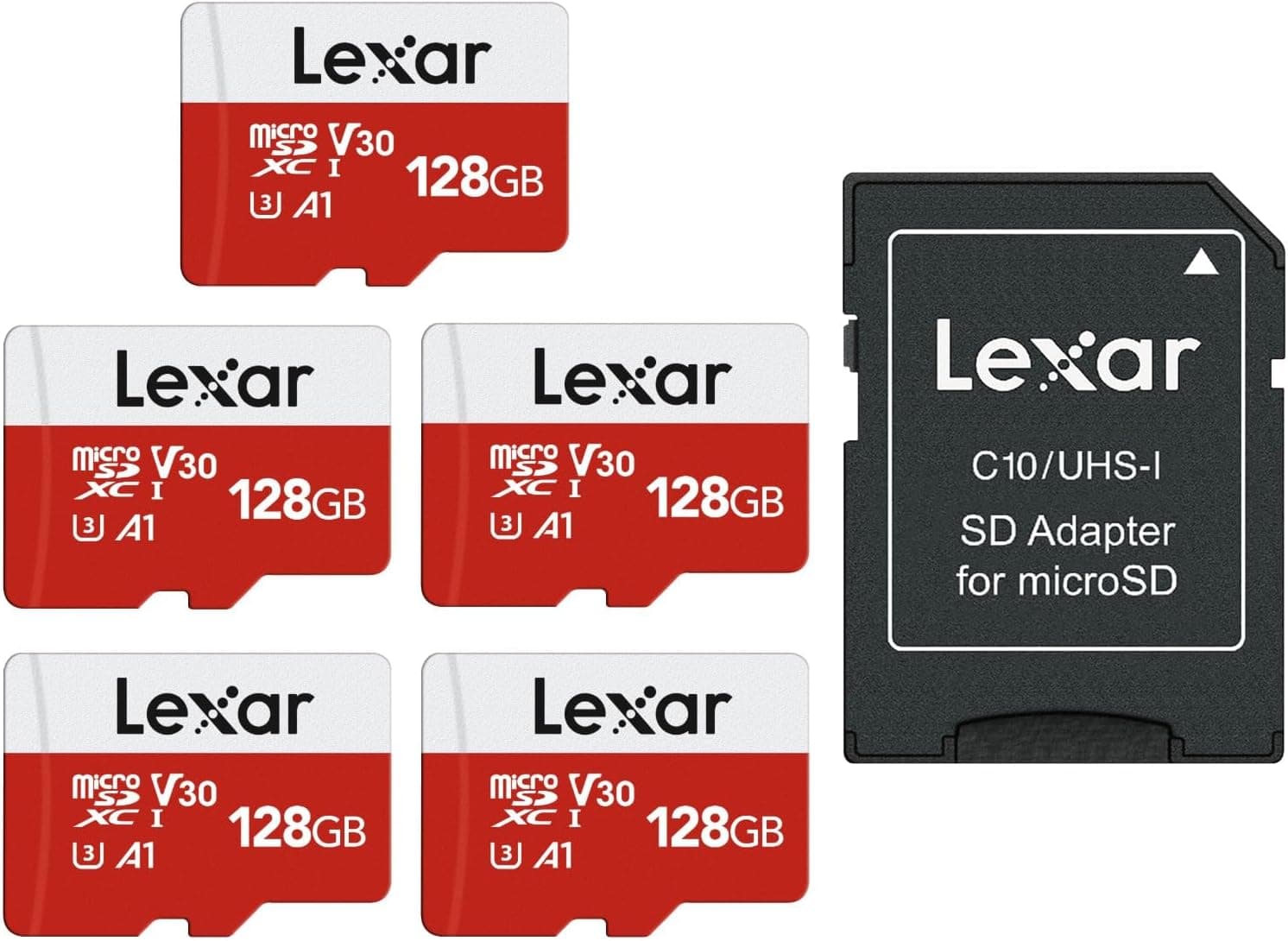 Lexar Cartão micro SD de 128 GB, pack de 5, cartão micro SD de até 100 MB/seg(R), cartão de memória microSDXC com adaptador SD, A1, U3, C10, V30, cartão micro SD 5 unidades