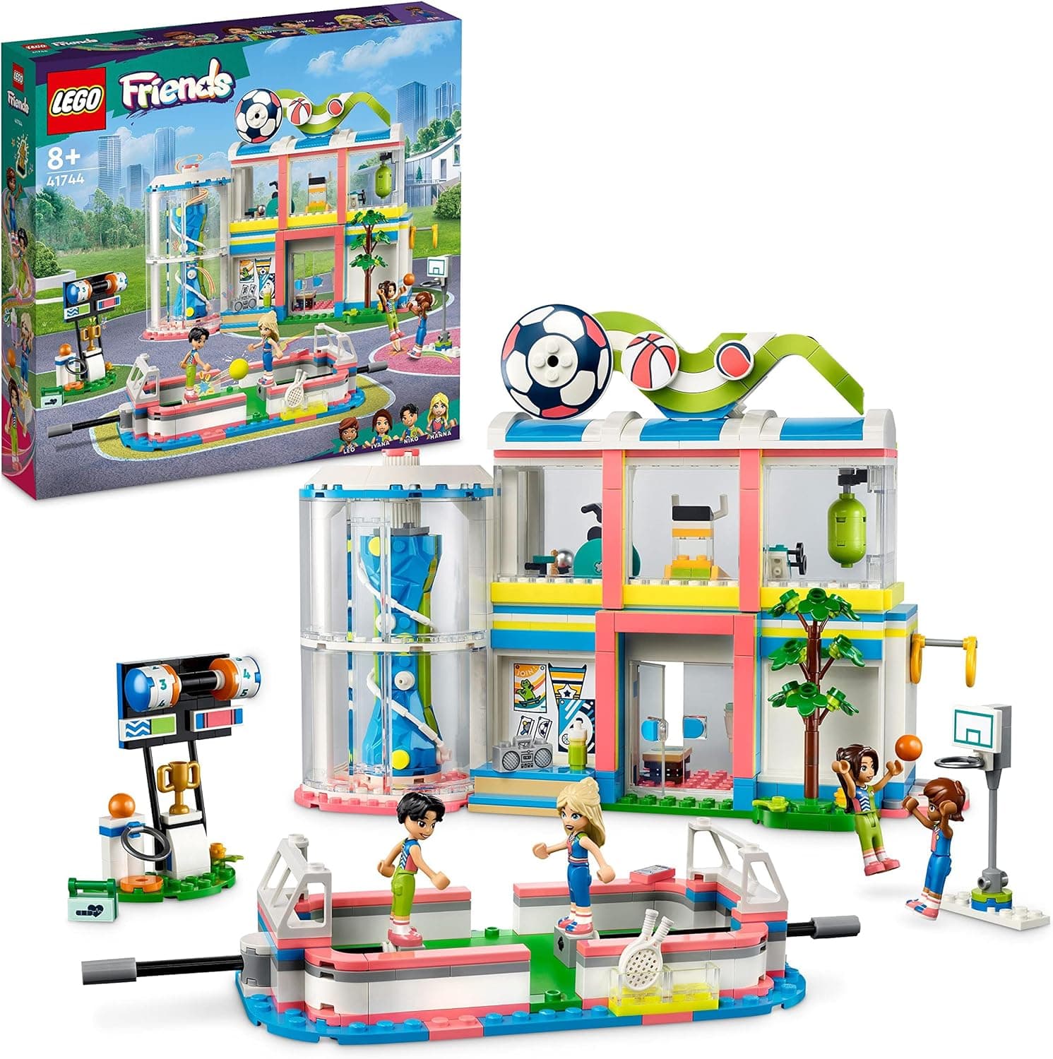 LEGO Friends Centro desportivo com jogos de futebol, basquetebol, ténis e parede de escalada, 4 mini bonecas, presentes e brinquedos de Heartlake City para meninas e meninos de 8 anos ou mais, 41744