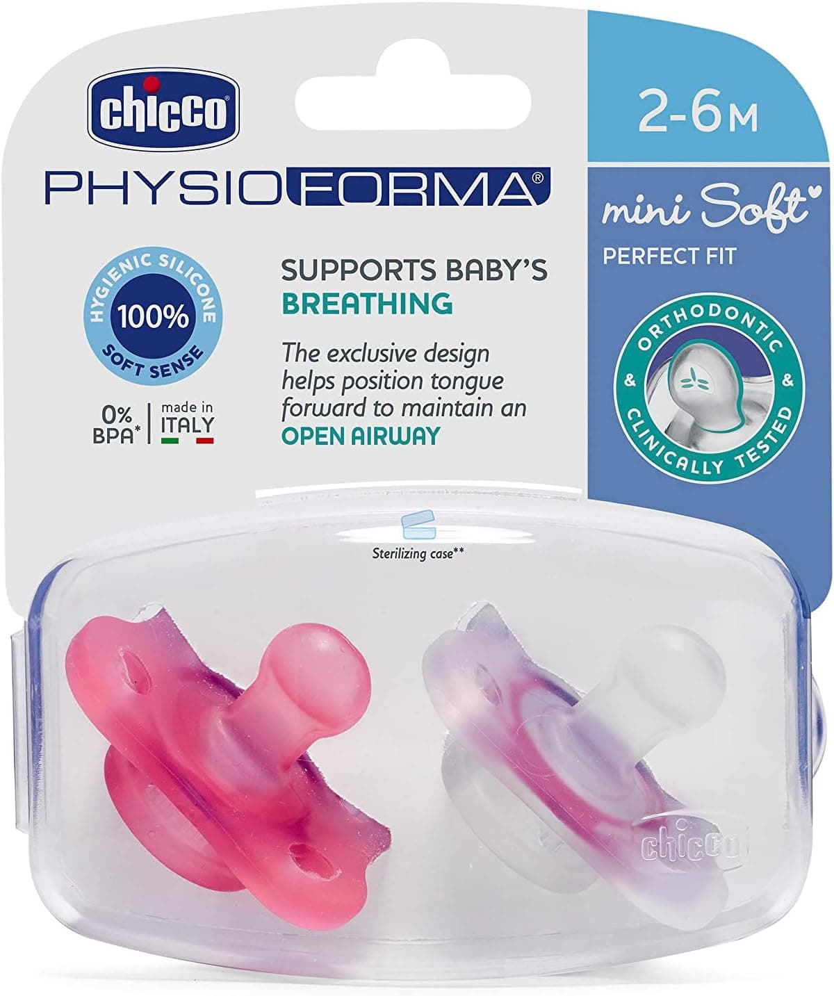 Chicco Physioforma Mini Soft Chupeta de silicone 2-6 meses, 2 peças, conjunto de chupas para recém-nascidos, ajuda a respirar fisiológico e favorece o desenvolvimento da boca, rosa