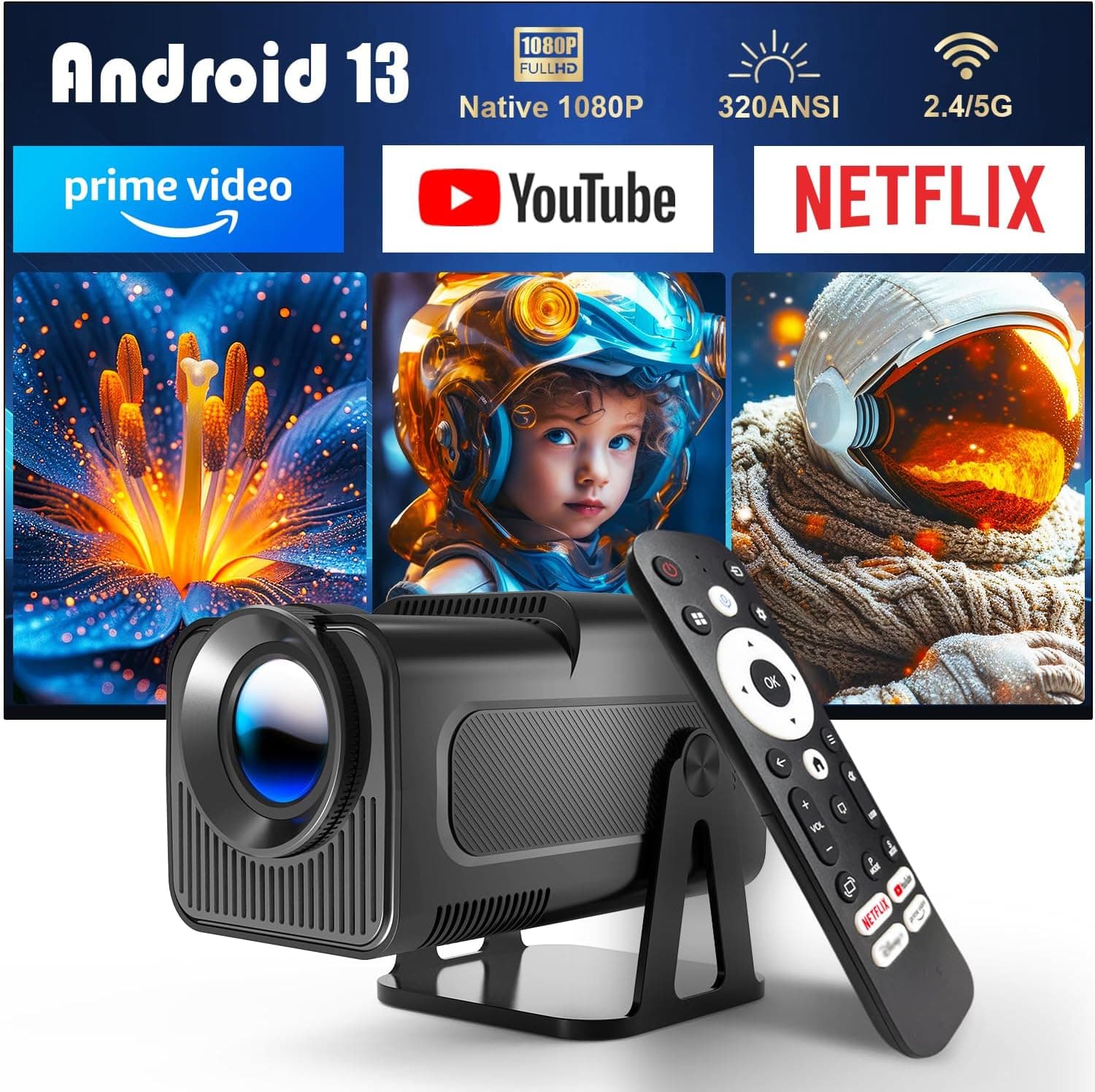 Magcubic HY320 NTV | Projetor portátil Android 13 com apps de TV, 1080p, 320 ANSI, Wi-Fi 5G e Bluetooth
